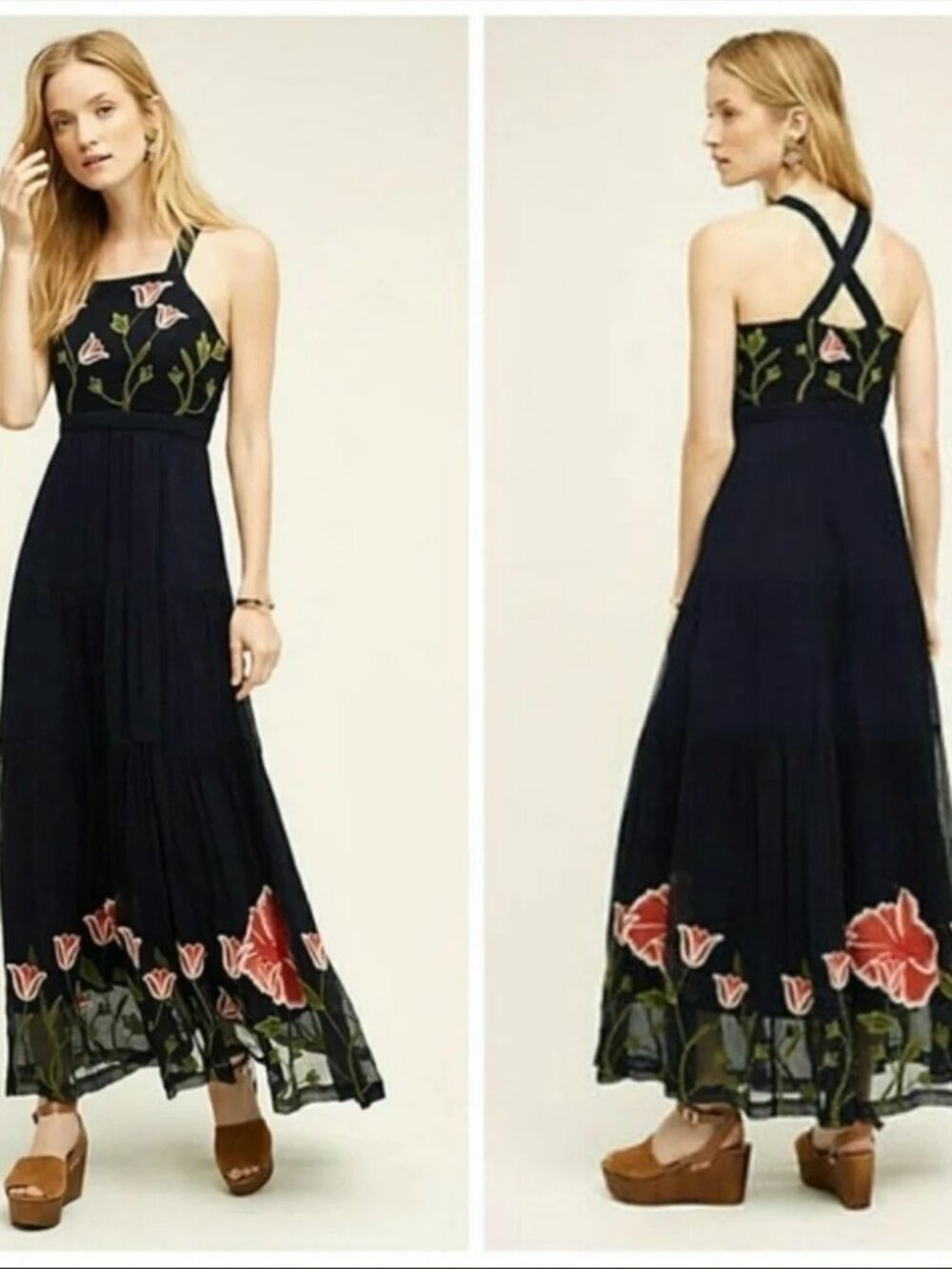 EUC Anthropologie Floreat Embroidered Maxi Dress in Navy Blue Size 2